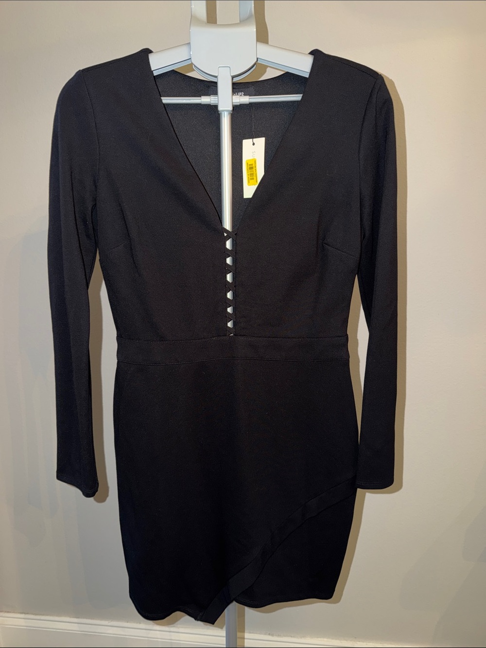 Sugarlips Black Long Sleeve V-Neck Mini Body-con Dress with Front Cutout